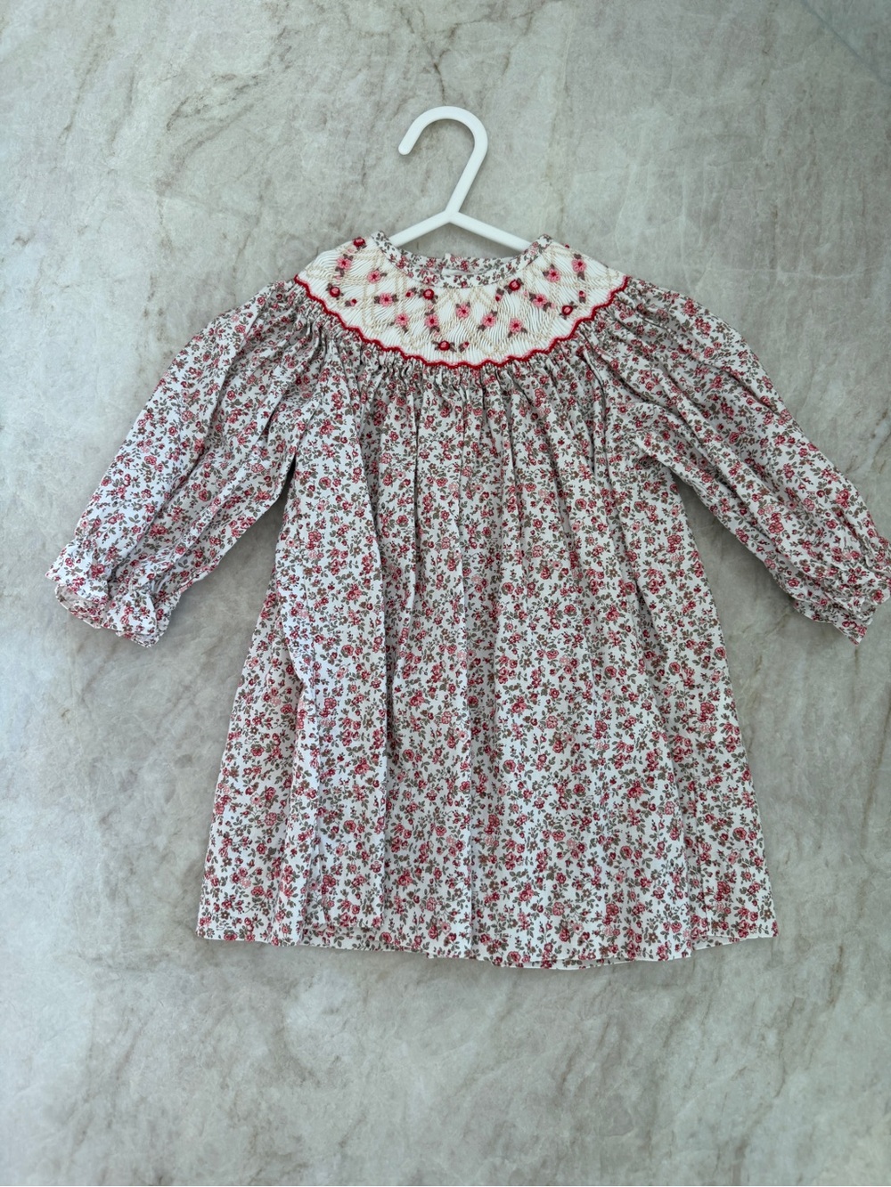 Girls' Floral Smocked Long Sleeve Dress - White with Red Floral- Luli & Me